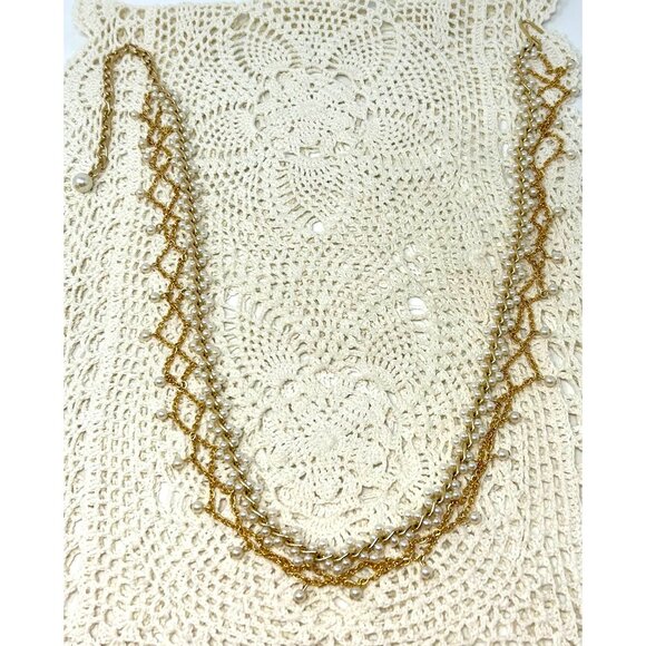 Vintage-Inspired Multi-Strand Gold & Pearl Necklace 38" Total Length - Picture 9 of 12